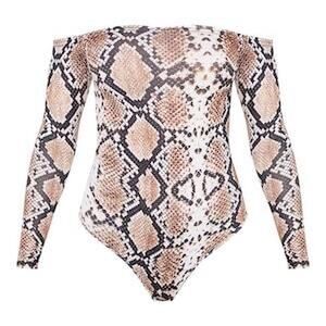 PrettyLittleThing Snake Print Bardot Off Shoulder Thong Bodysuit Long Sleeve Sz6